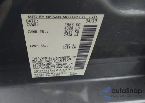 2019 Nissan Altima 2.5 Sl z USA, uszkodzony, nr VIN 1N4BL4EV1KC222582